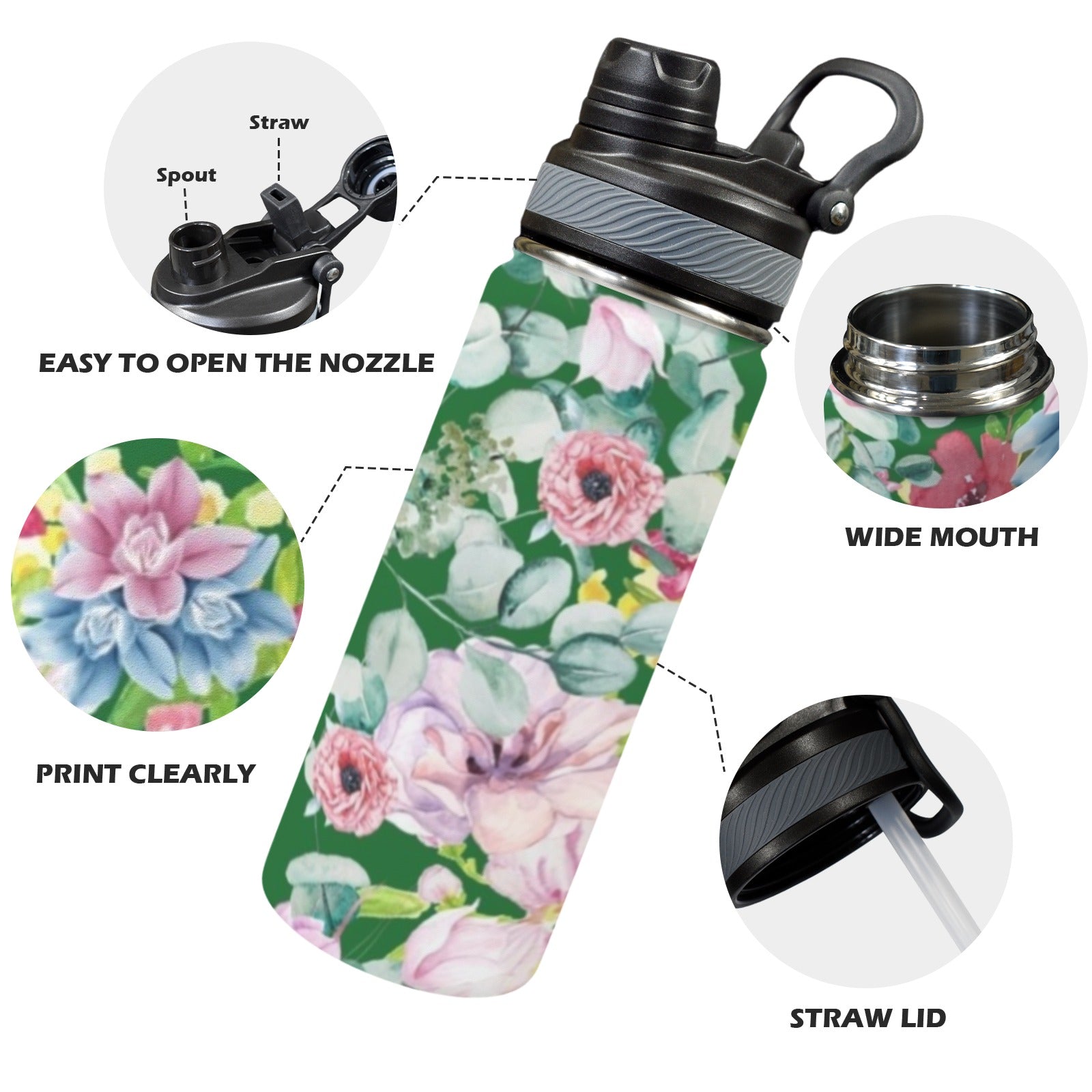 Bright Floral - Insulated Water Bottle with Dual-Use Lid (18oz) Insulated Water Bottle with Dual-Use Lid (18oz) Plants Printed Offshore