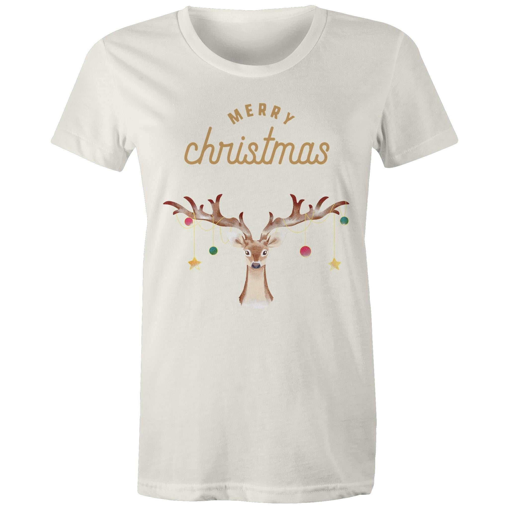 Merry Christmas Reindeer - Womens T-shirt Natural Womens Christmas T-shirt Christmas Printed In Australia