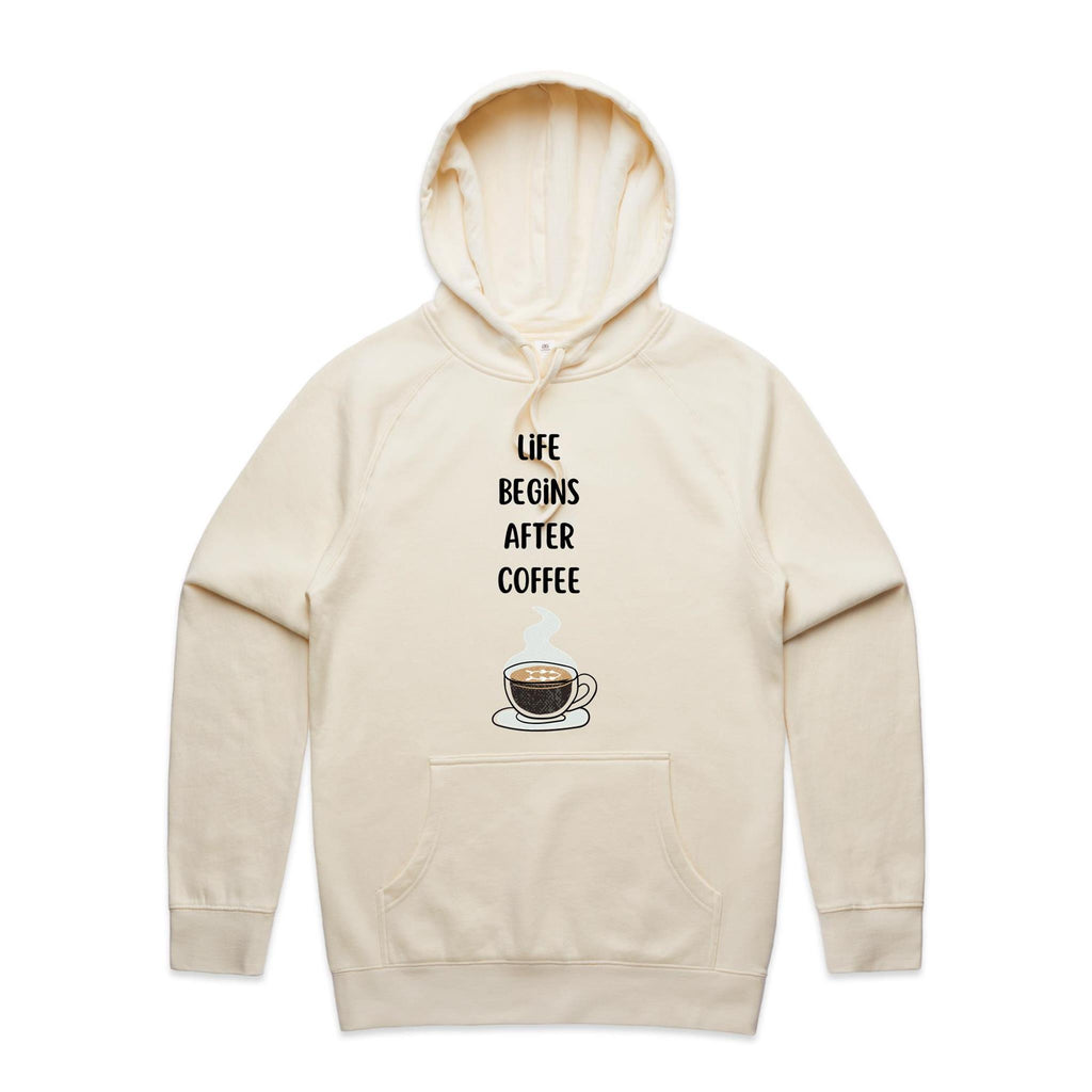 Life Begins After Coffee - Mens Hoodie Ecru Mens Hoodie Coffee Printed In Australia