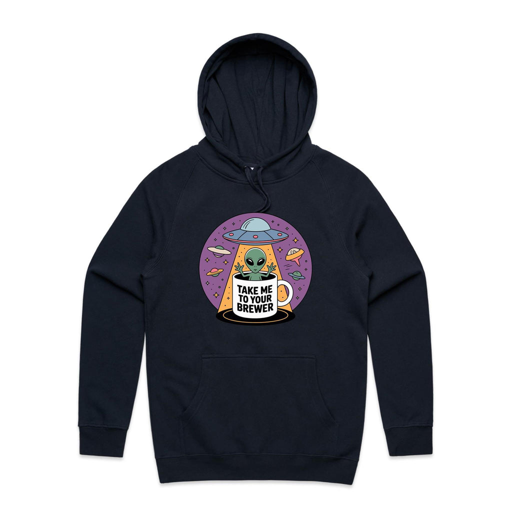 Coffee, Alien, UFO, Take Me To Your Brewer Men's AS Colour Hoodie Navy Mens Hoodie Coffee Printed In Australia Sci Fi
