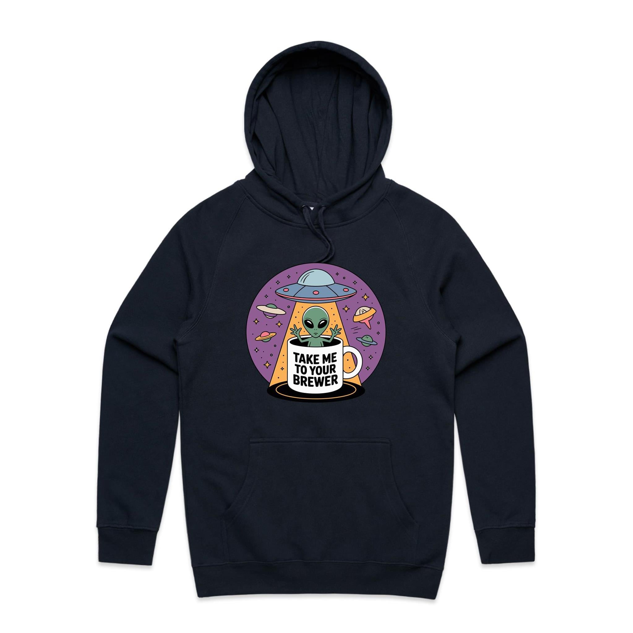 Coffee, Alien, UFO, Take Me To Your Brewer Men's AS Colour Hoodie Navy Mens Hoodie Coffee Printed In Australia Sci Fi