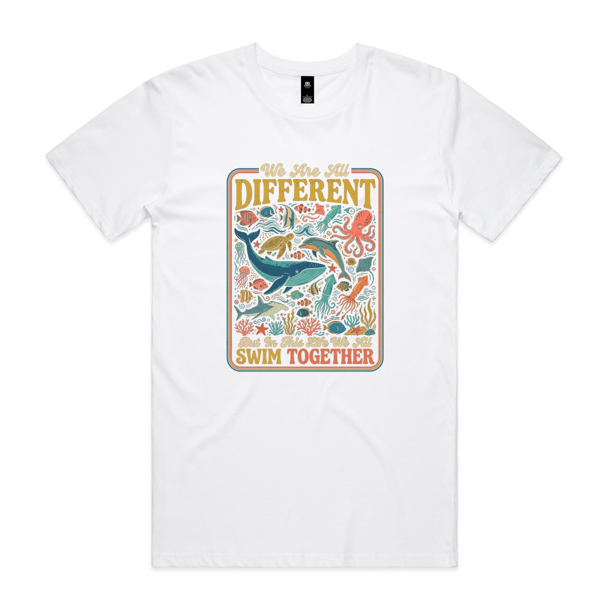 We Are All Different, But We All Swim Together - Men's AS Colour T-shirt White Mens T-shirt animal Ocean Positivity Printed In Australia