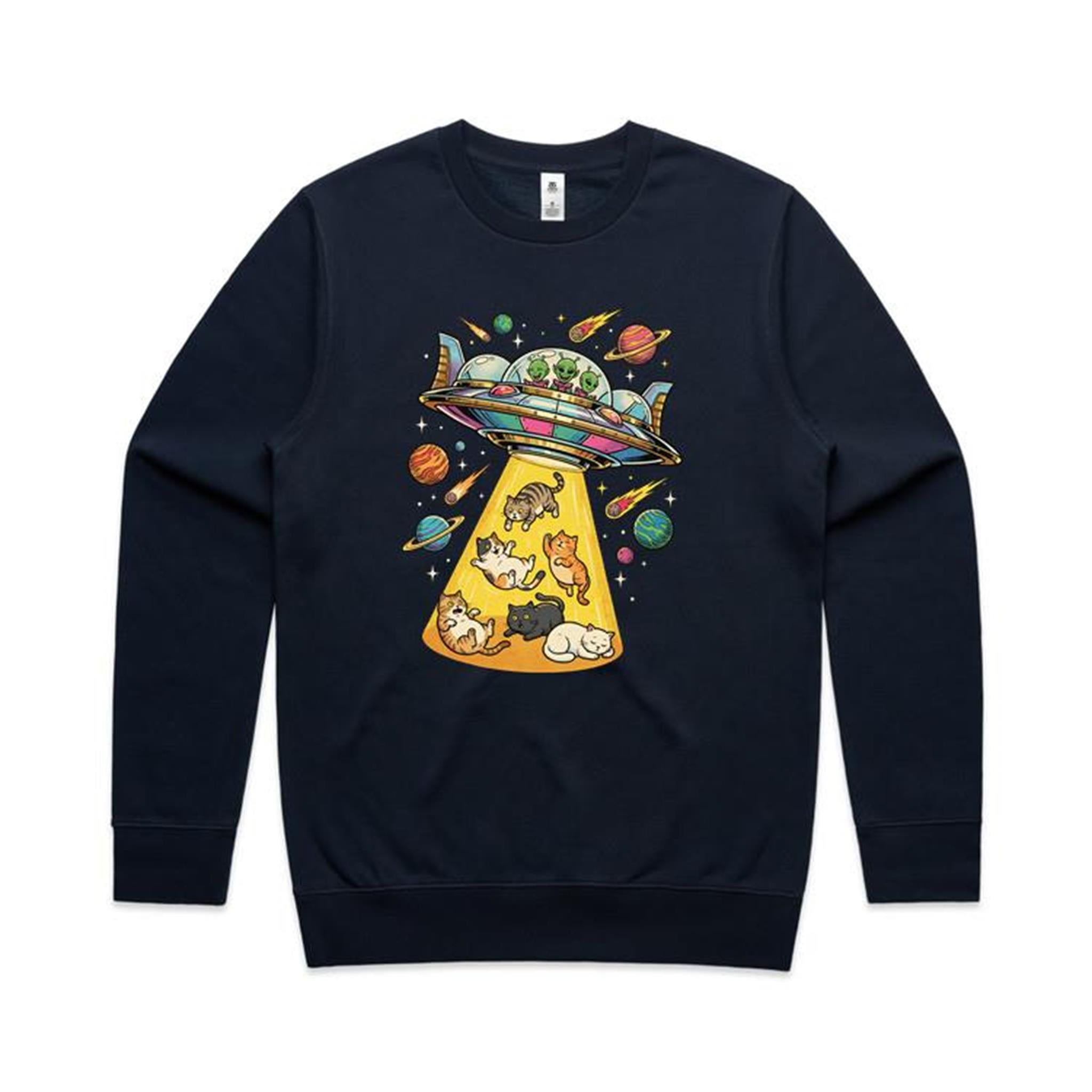 UFO Cat Abduction AS Colour Stencil Crew Sweatshirt Unisex Navy Sweatshirt animal Printed In Australia Sci Fi