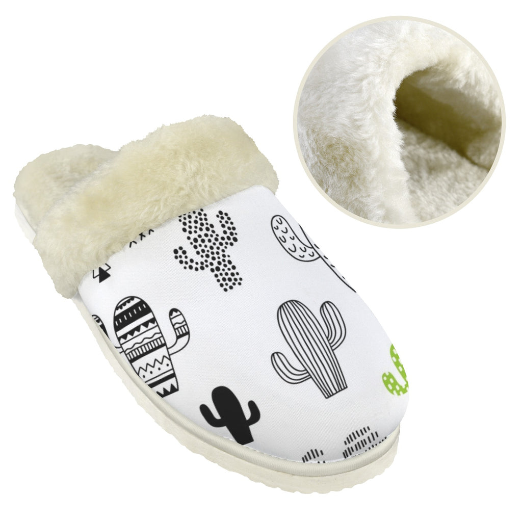 Cactus In Black And White Men's Fur Trim Thick-Sole Indoor Slippers Men's Fur Trimmed Slippers Plants Printed Offshore