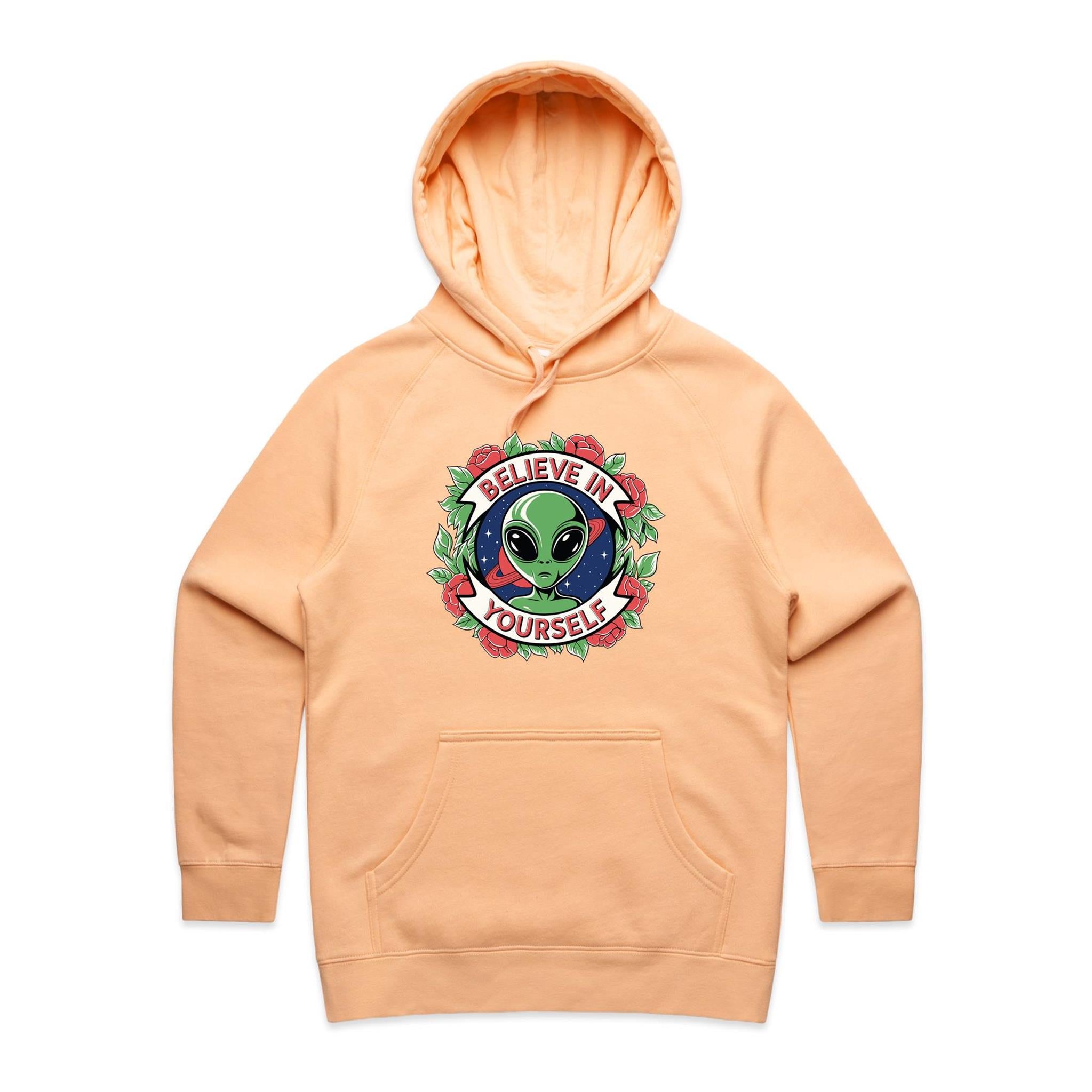 Believe In Yourself, Alien - Womens Hoodie Peach Womens Hoodie Motivation Positivity Printed In Australia Sci Fi
