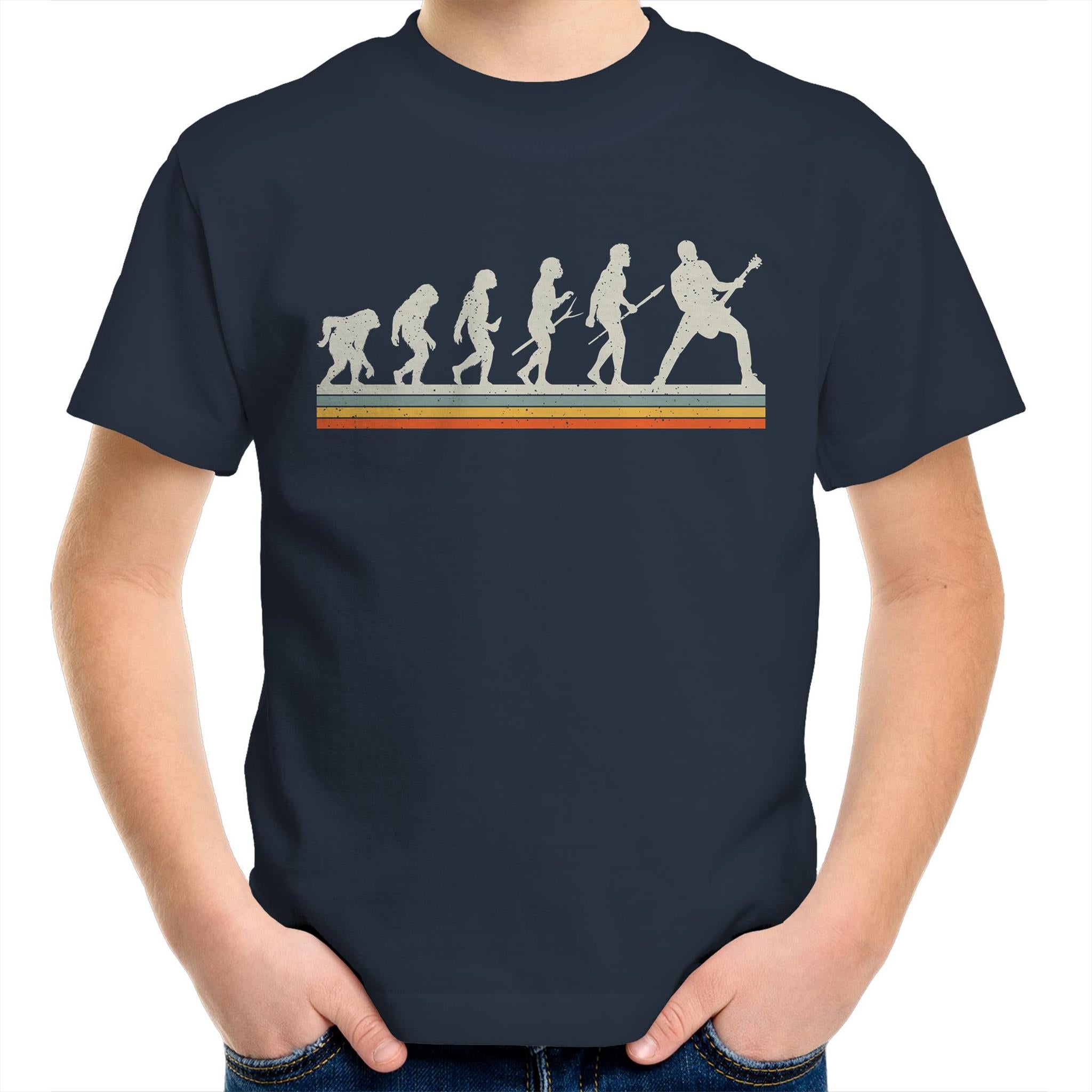 Guitar Player Evolution - Kids Youth T-Shirt Navy Kids Youth T-shirt Music Printed In Australia