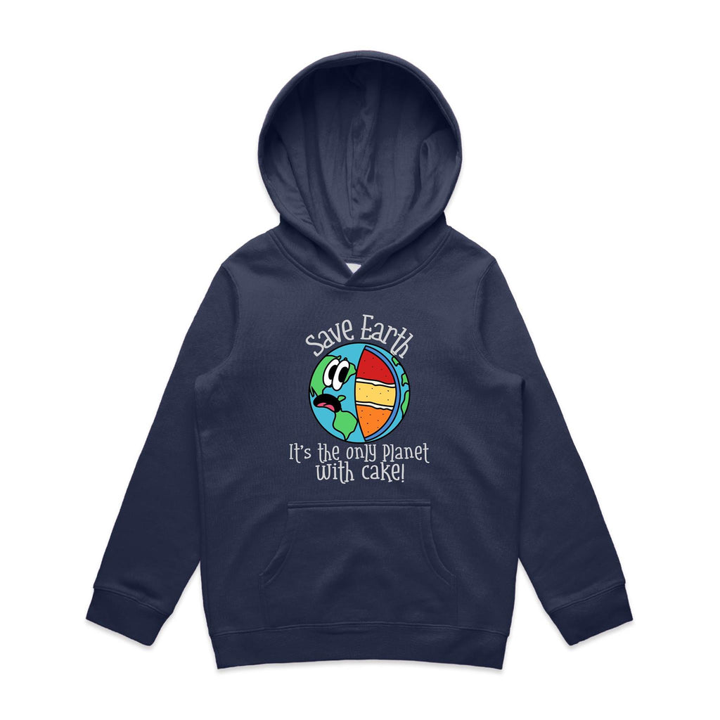 Save Earth, It's The Only Planet With Cake - Kids Hoodie Midnight Blue Kids Hoodie Printed In Australia
