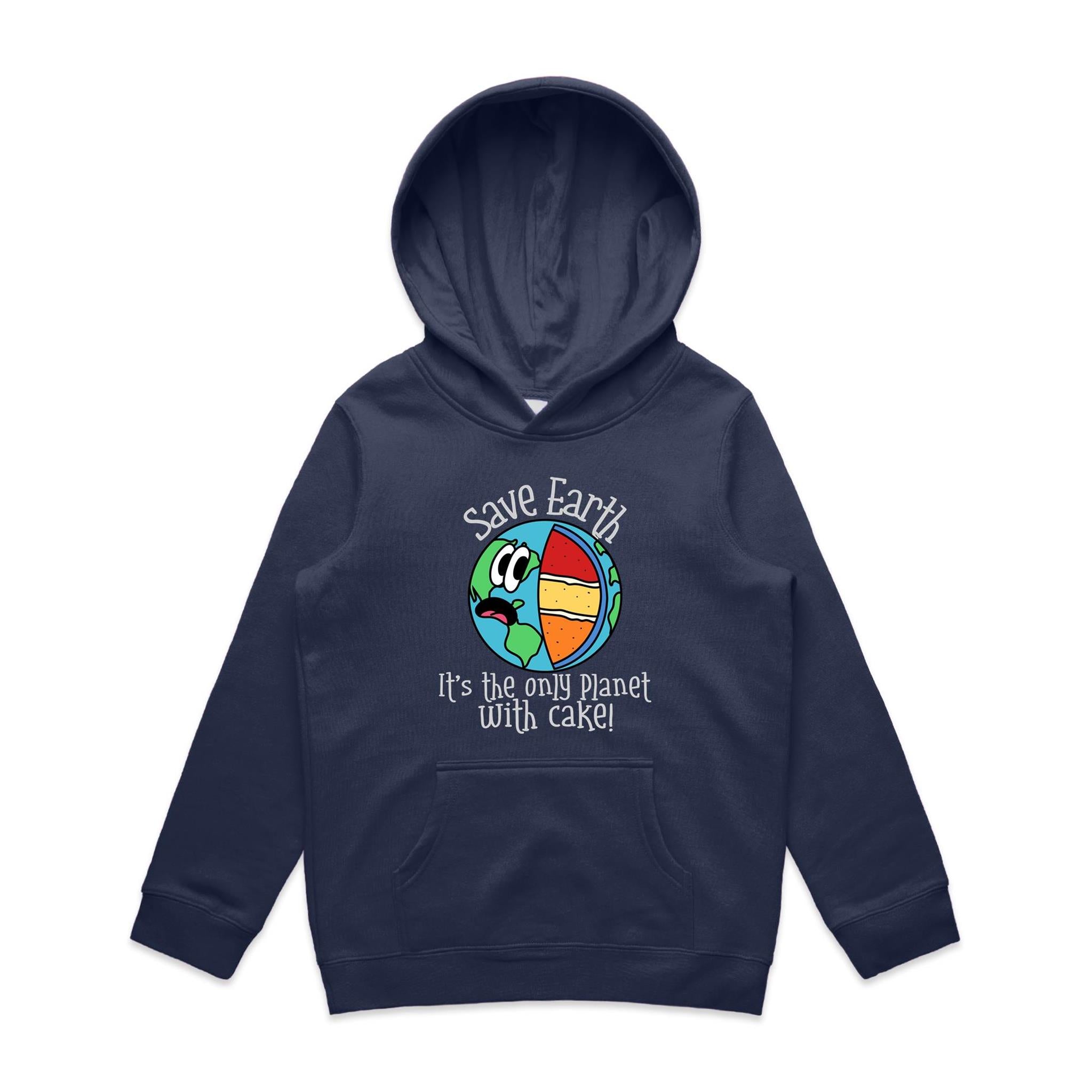 Save Earth, It's The Only Planet With Cake - Kids Hoodie Midnight Blue Kids Hoodie Printed In Australia