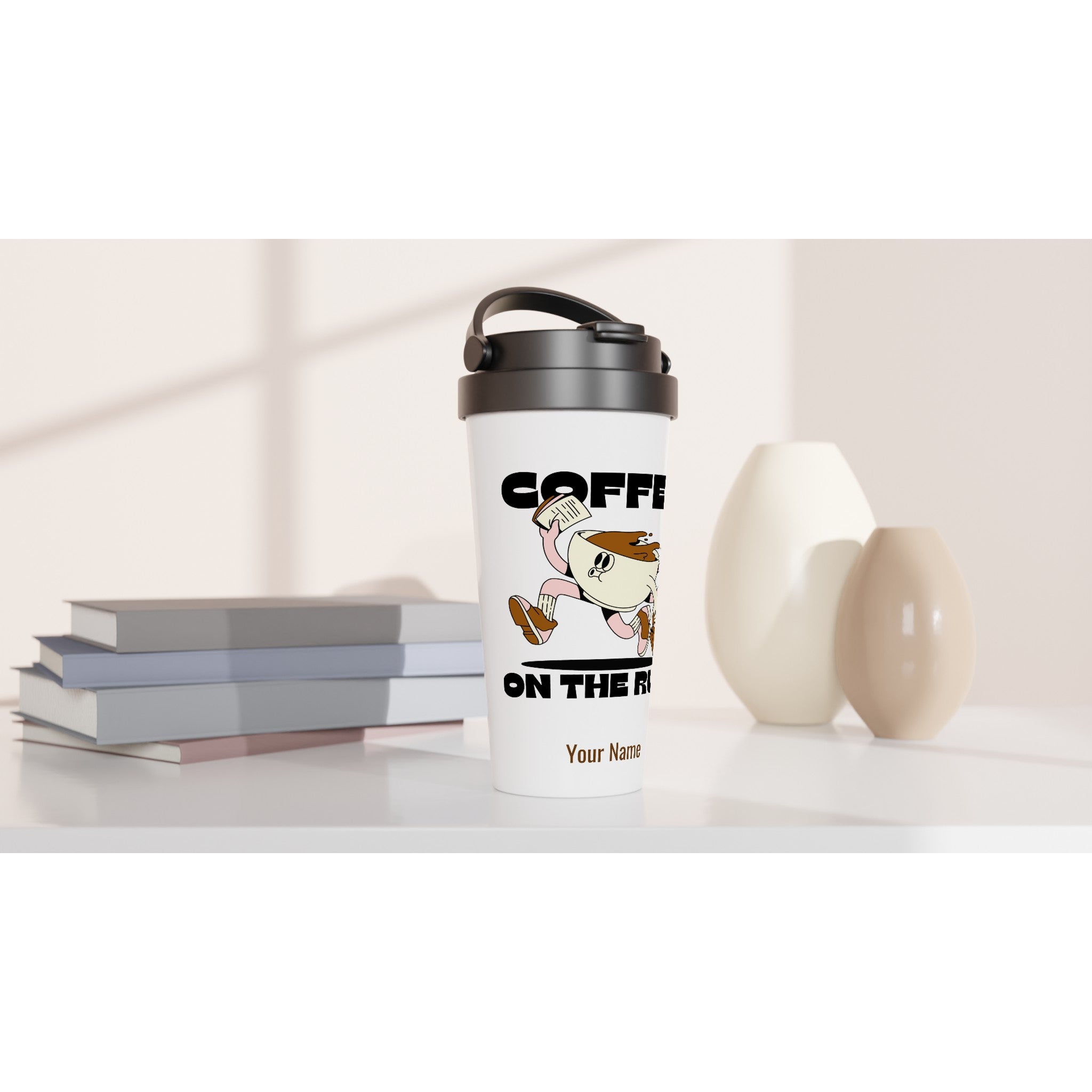 Personalised - Coffee On The Run - White 15oz Stainless Steel Travel Mug Personalised Travel Mug Coffee customise Globally Fulfilled personalise