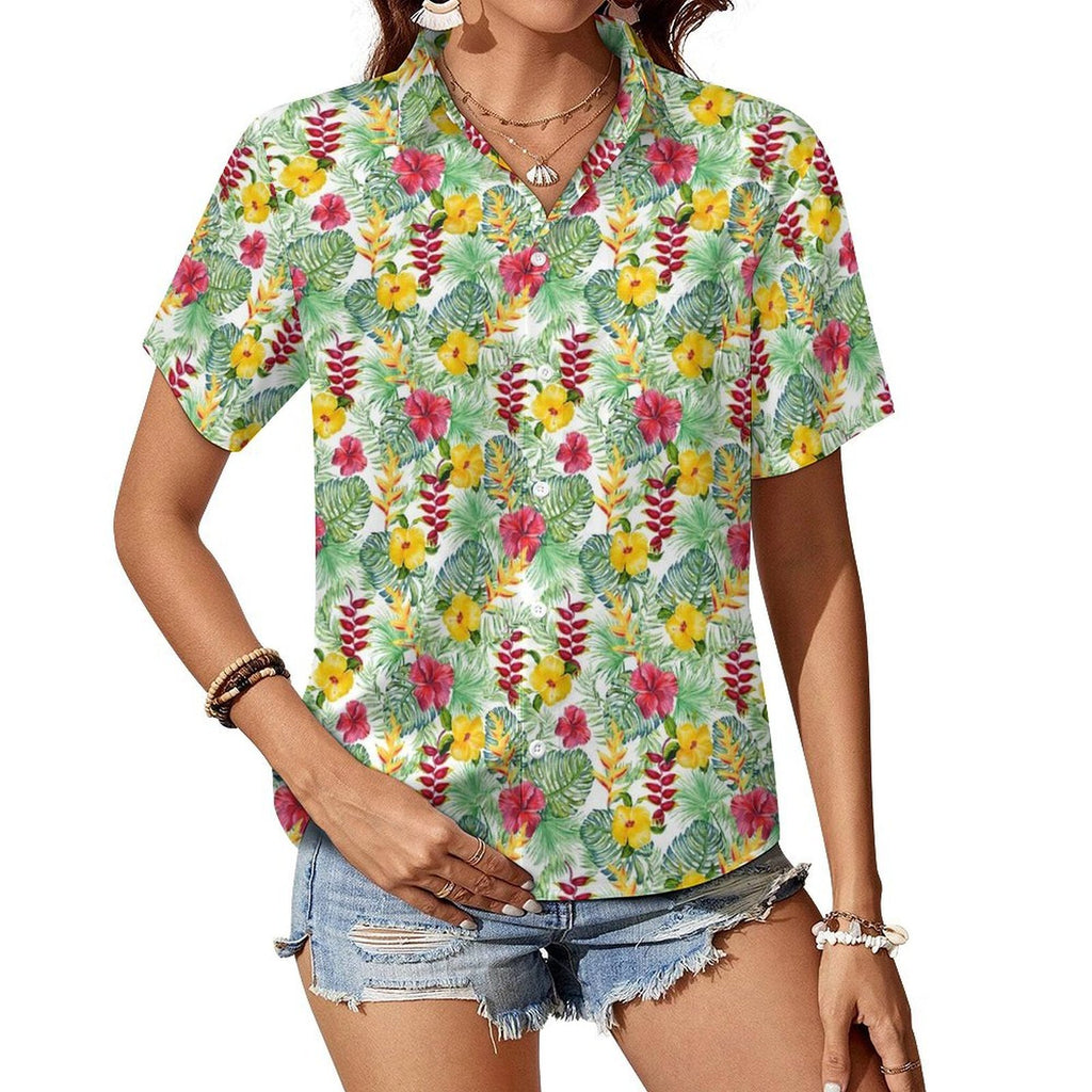 Tropical Flowers On White Women's Short-Sleeve Button Up Shirt white Women's Short-Sleeve Button Up Shirt Plants Printed Offshore