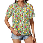 Tropical Flowers On White Women's Short-Sleeve Button Up Shirt white Women's Short-Sleeve Button Up Shirt Plants Printed Offshore