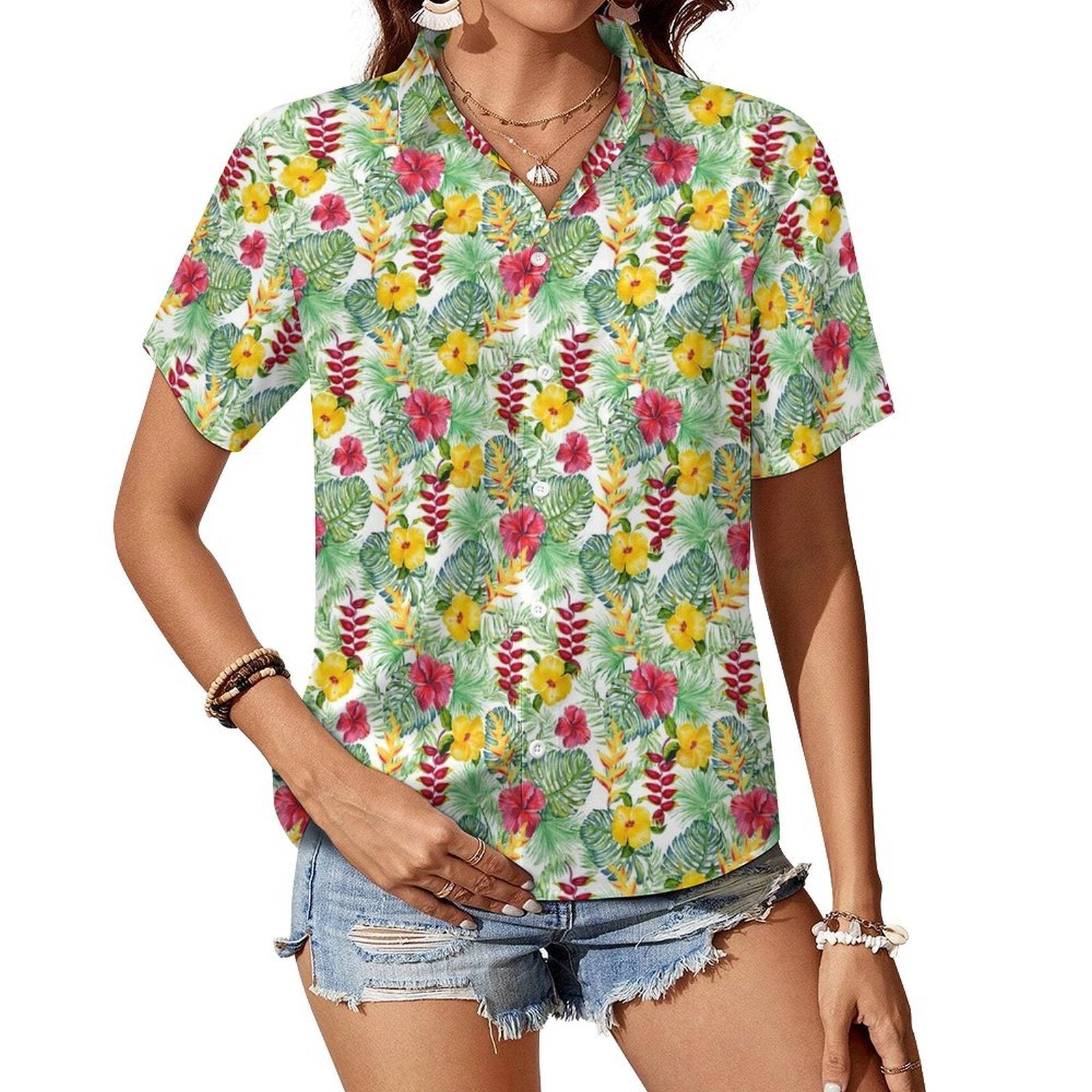 Tropical Flowers On White Women's Short-Sleeve Button Up Shirt white Women's Short-Sleeve Button Up Shirt Plants Printed Offshore