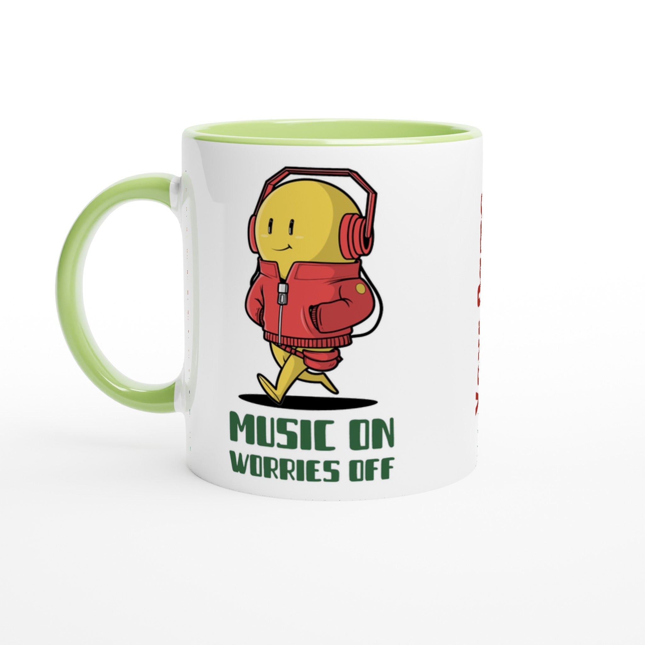 Personalised - Music On, Worries Off - White 11oz Ceramic Mug with Colour Inside Ceramic Green Personalised 11oz Mug customise Globally Fulfilled Music personalise