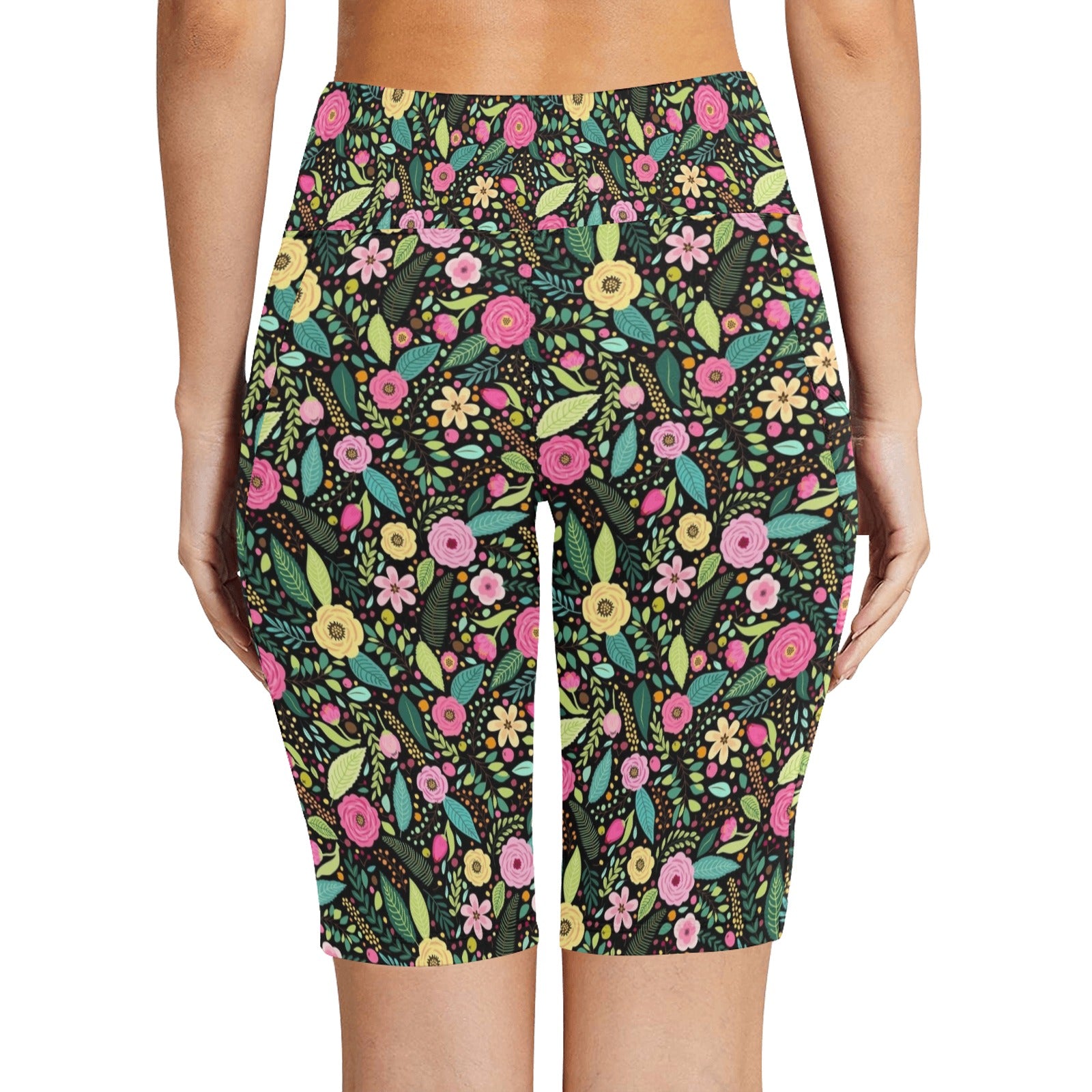Bright Floral And Leaves Women's Bike Shorts With Side Pockets