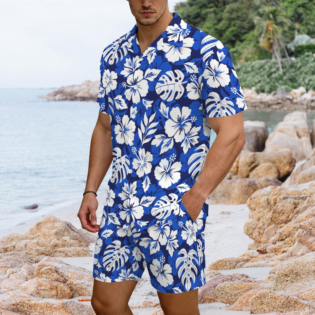 Blue Hawaiian Floral Men's Hawaiian Shirt & Shorts Set Men's Hawaiian Shirt & Shorts Set Plants Printed Offshore