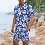 Blue Hawaiian Floral Men's Hawaiian Shirt & Shorts Set Men's Hawaiian Shirt & Shorts Set Plants Printed Offshore