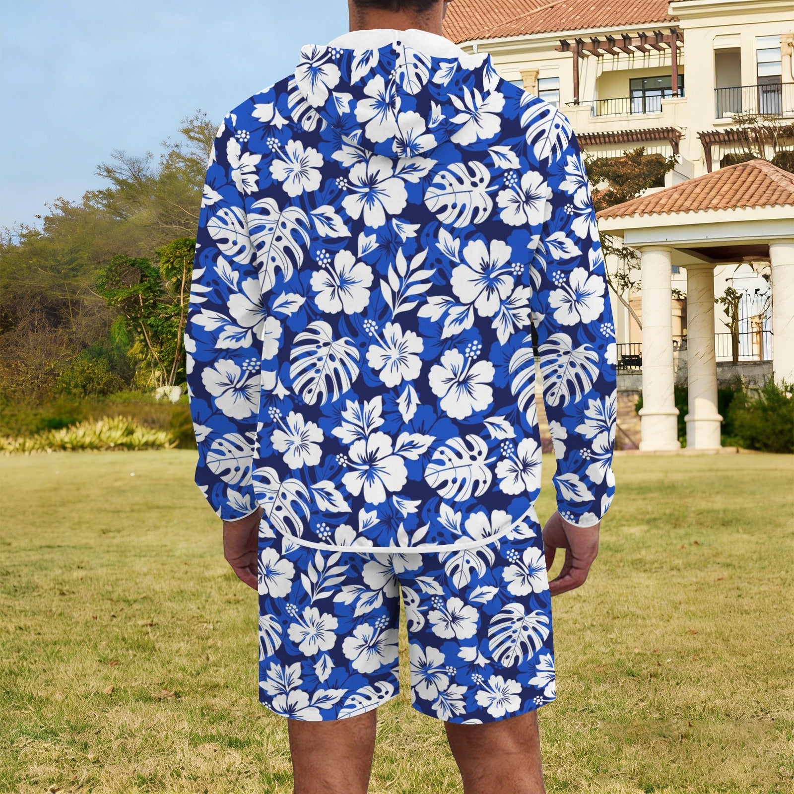 Blue Hawaiian Floral Men's Lightweight Sun Hoodie & Shorts Set Men's Lightweight Sun Hoodie & Shorts Plants Printed Offshore
