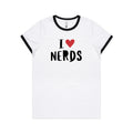 I Love Nerds, Red Heart Women's AS Colour Ringer Tee White Black Womens Ringer T-shirt Love Printed In Australia