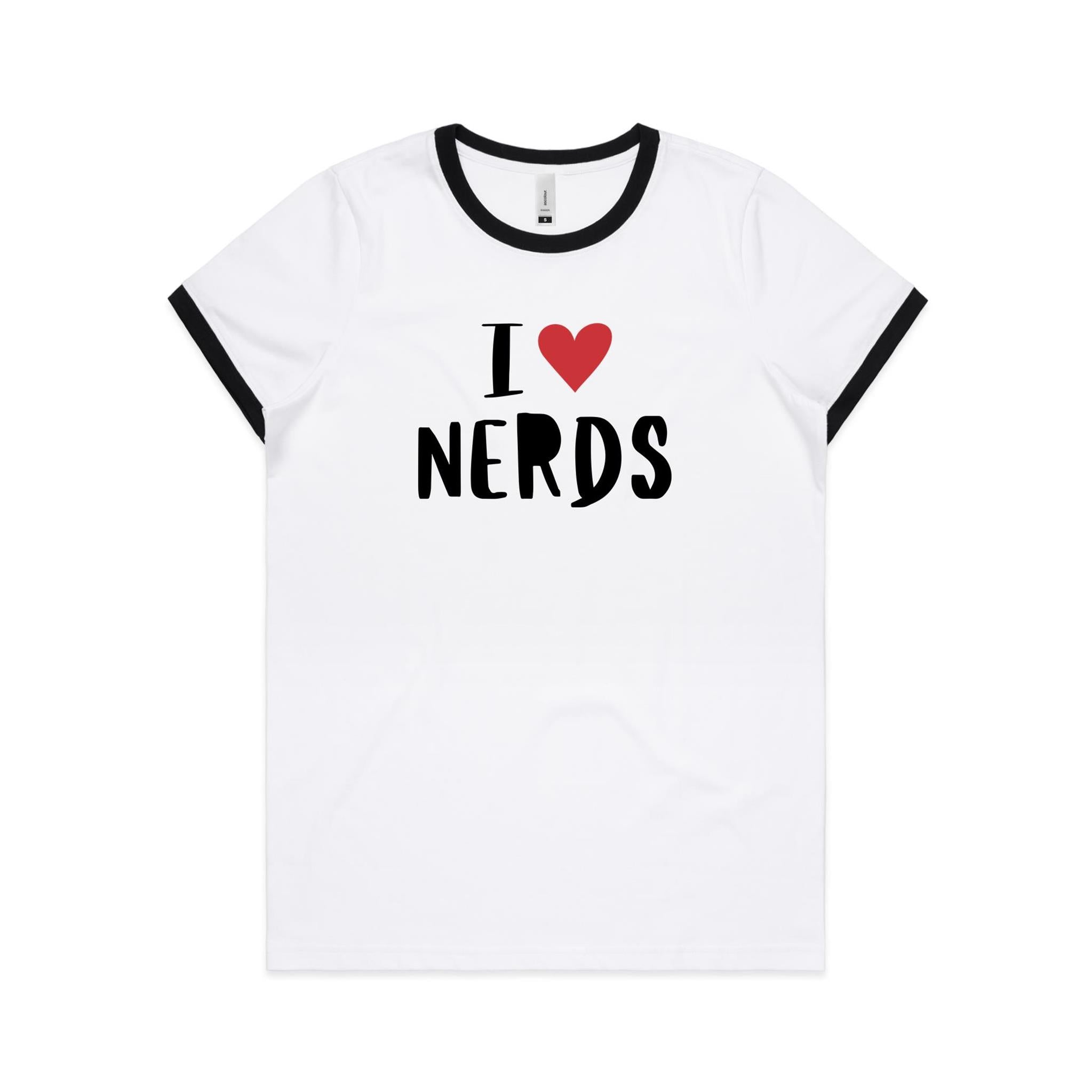 I Love Nerds, Red Heart - Women's Ringer Tee White Black Womens Ringer T-shirt Love Printed In Australia