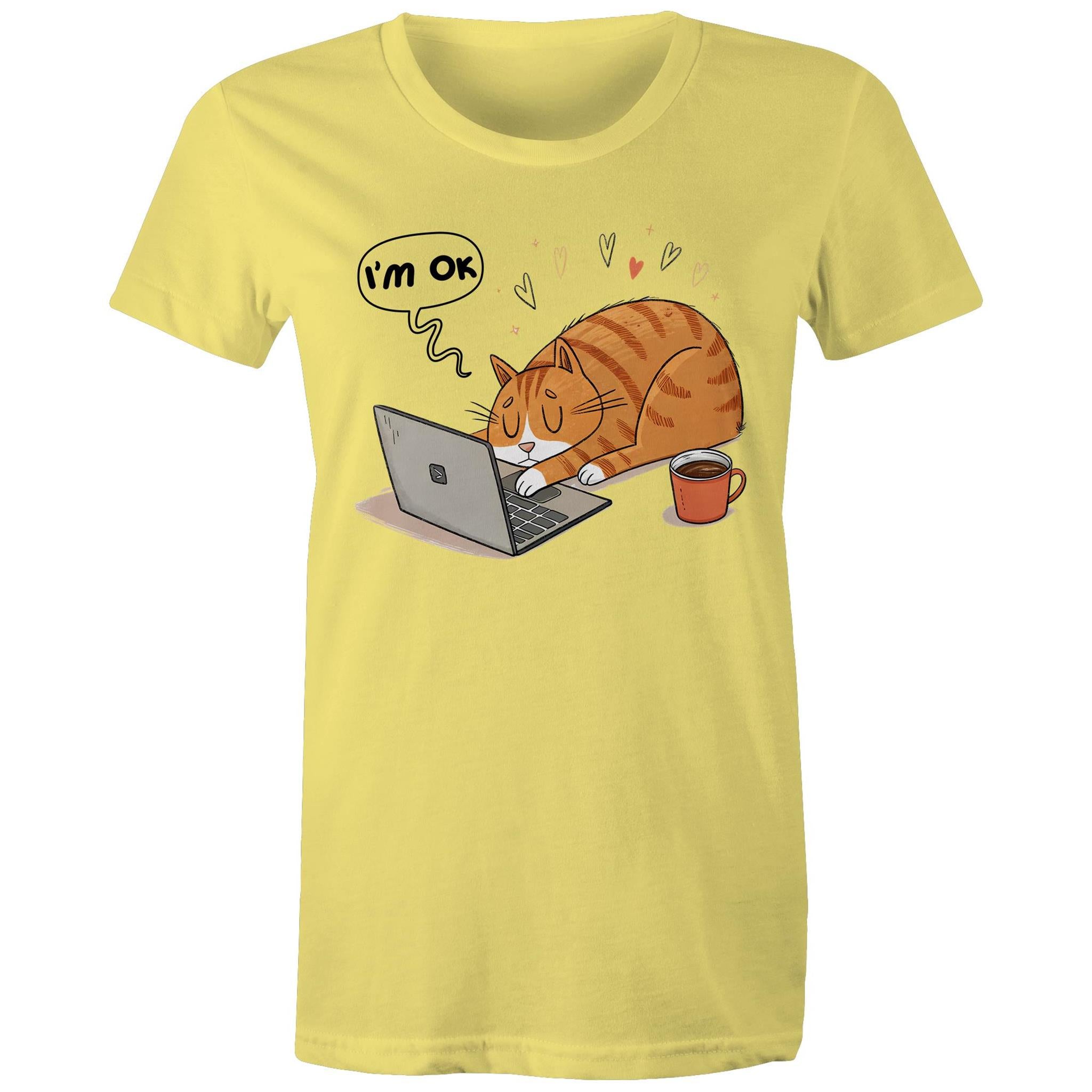 Cat Laptop, I'm OK - Womens T-shirt Yellow Womens T-shirt animal Printed In Australia