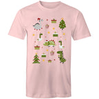 Cute Dinosaur Christmas - Mens T-Shirt Pink Mens Christmas T-shirt Christmas Printed In Australia