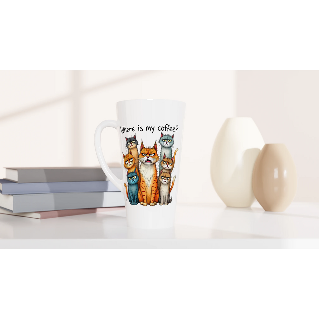 Where Is My Coffee, Cranky Cats - White Latte 17oz Ceramic Mug Latte Mug animal Coffee Globally Fulfilled