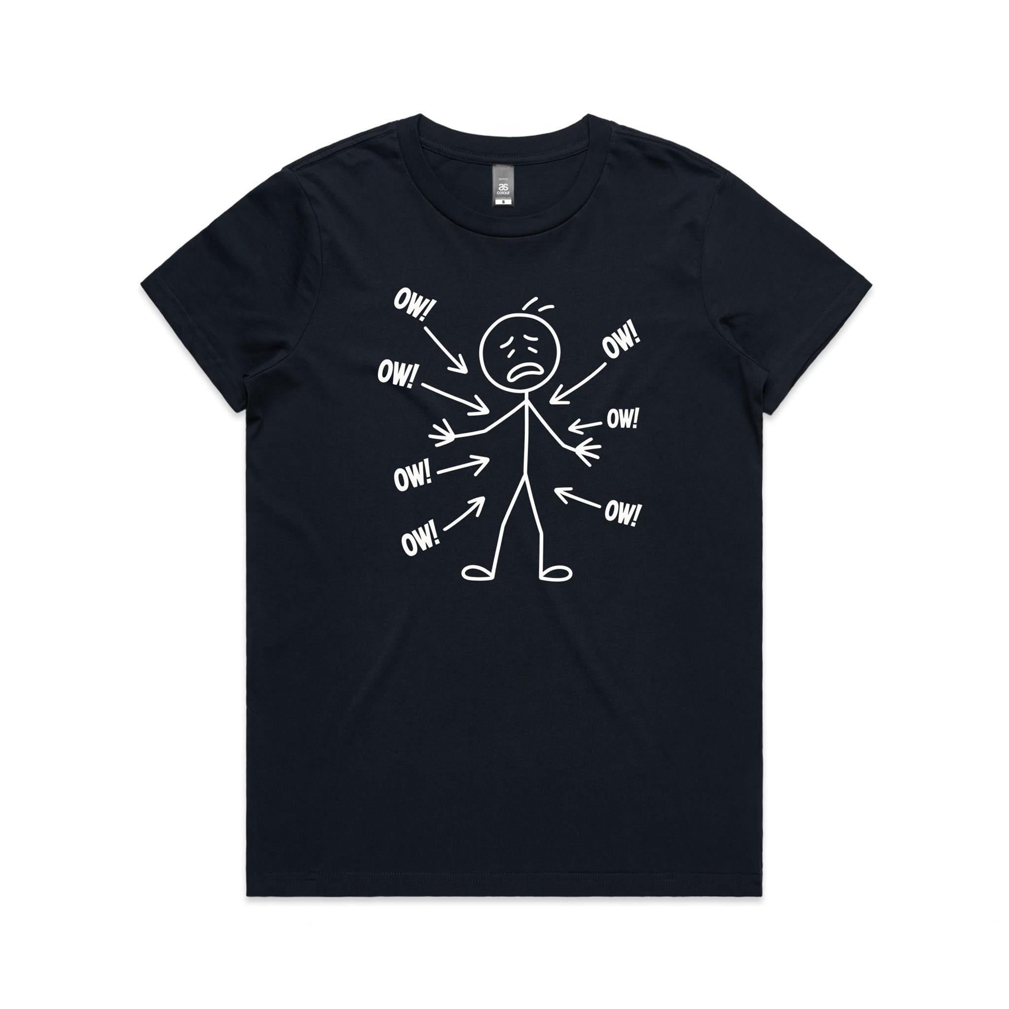 Ow! Everything Hurts Stick Figure Women's AS Colour T-shirt Navy Womens T-shirt Printed In Australia