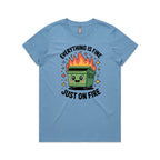 Skip Bin, Dumpster Fire Women's AS Colour T-shirt Carolina Blue Womens T-shirt Printed In Australia