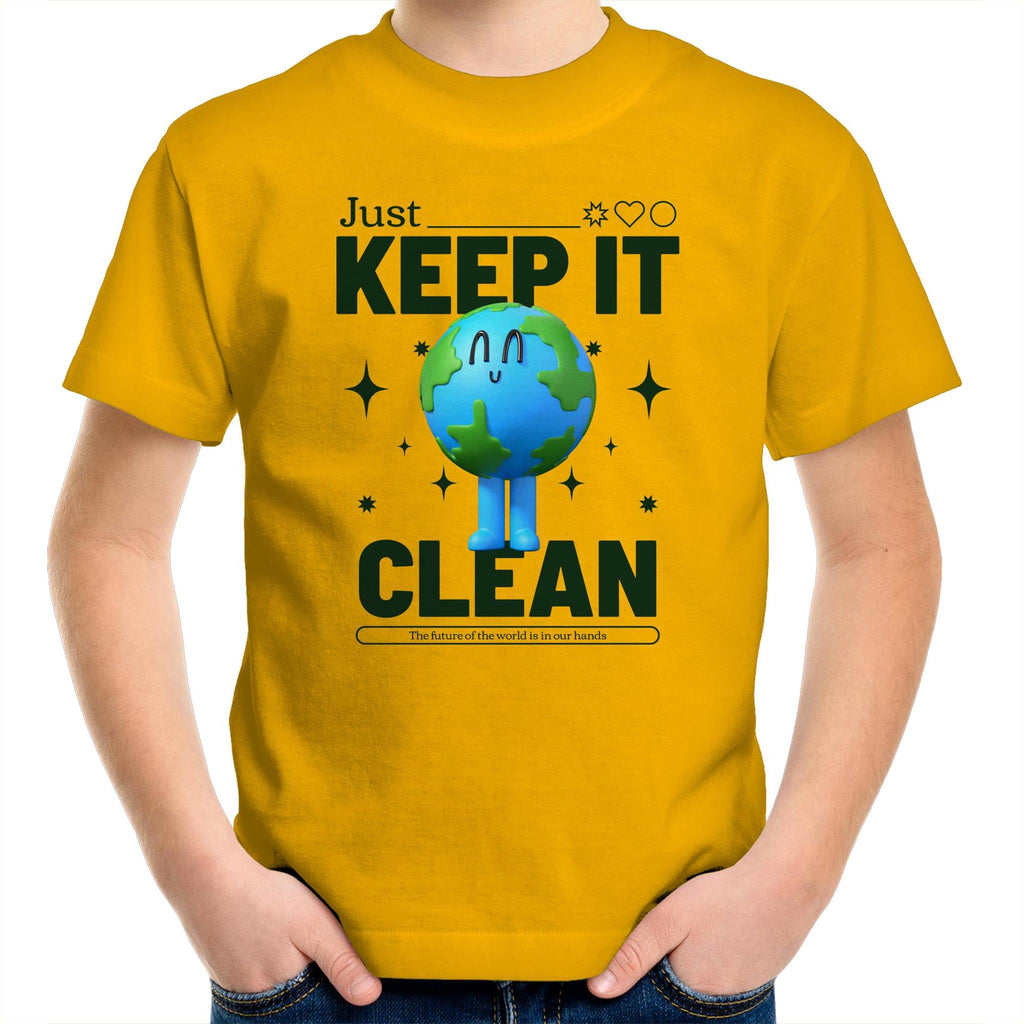 Earth, Just Keep It Clean - Kids Youth T-Shirt Gold Kids Youth T-shirt Environment Printed In Australia