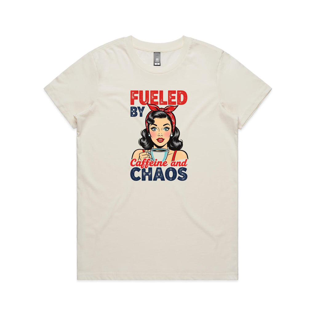 Fueled By Caffeine And Chaos, Retro Woman Women's AS Colour T-shirt Natural Womens T-shirt Coffee Printed In Australia