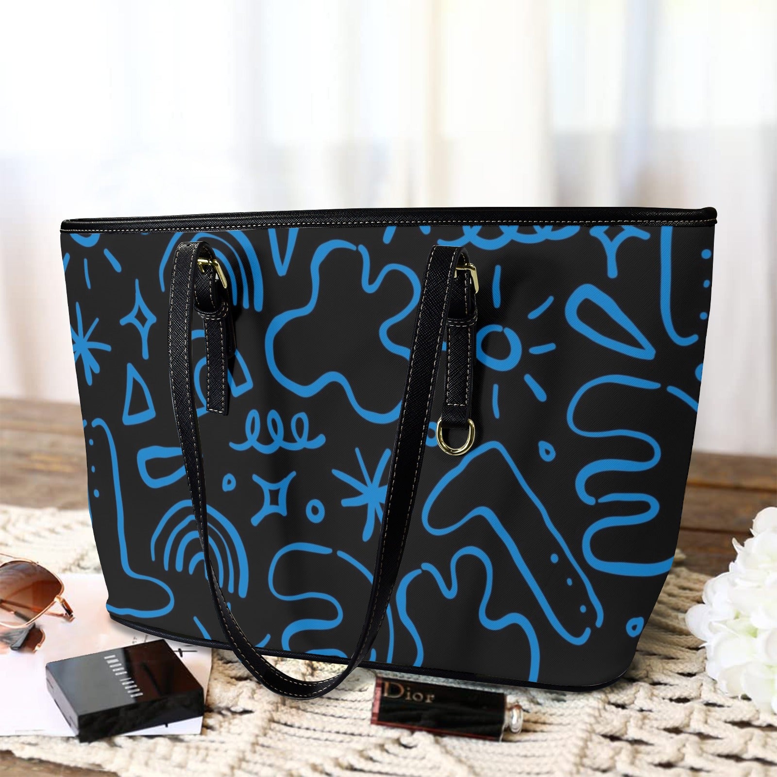 Blue Squiggle - Leather Tote Bag-Large