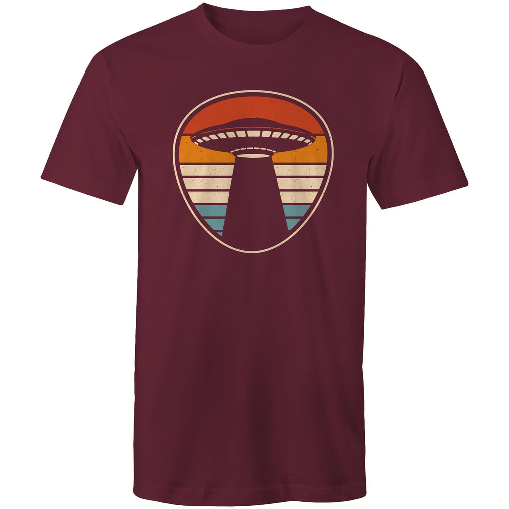 UFO, Retro Stipes - Mens T-Shirt Burgundy Mens T-shirt Printed In Australia