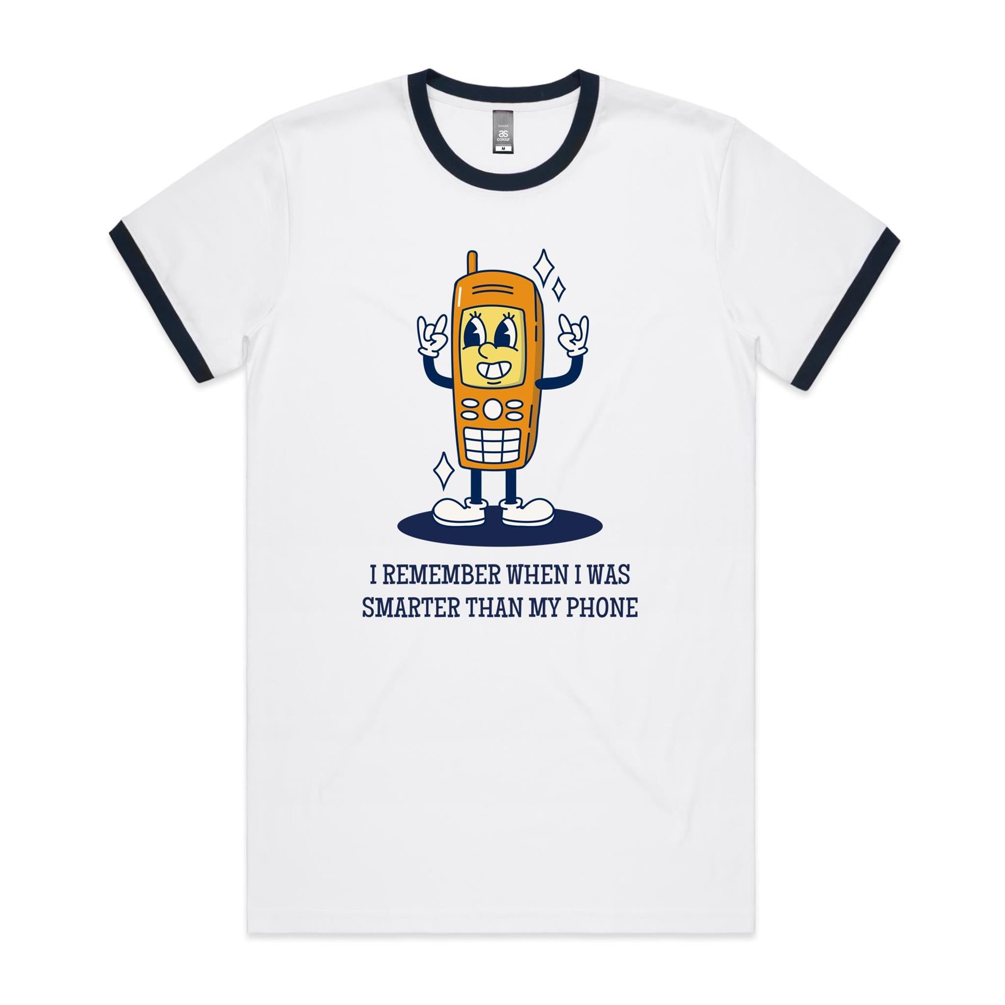 I Remember When I Was Smarter Than My Phone - Staple Ringer Tee White Navy Ringer T-Shirt Printed In Australia Tech