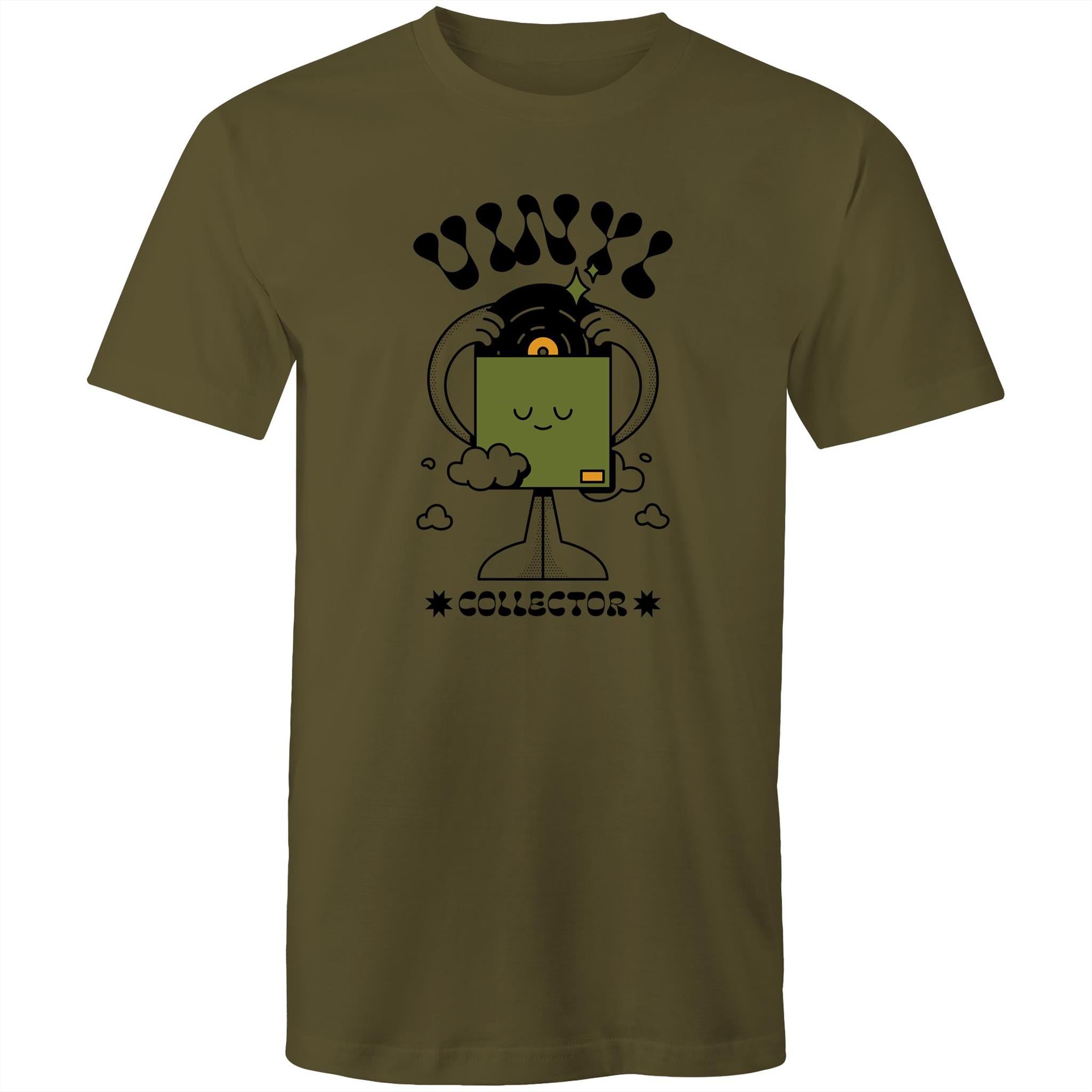 Vinyl Collector, Music Records - Mens T-Shirt Army Green Mens T-shirt Music Printed In Australia Retro