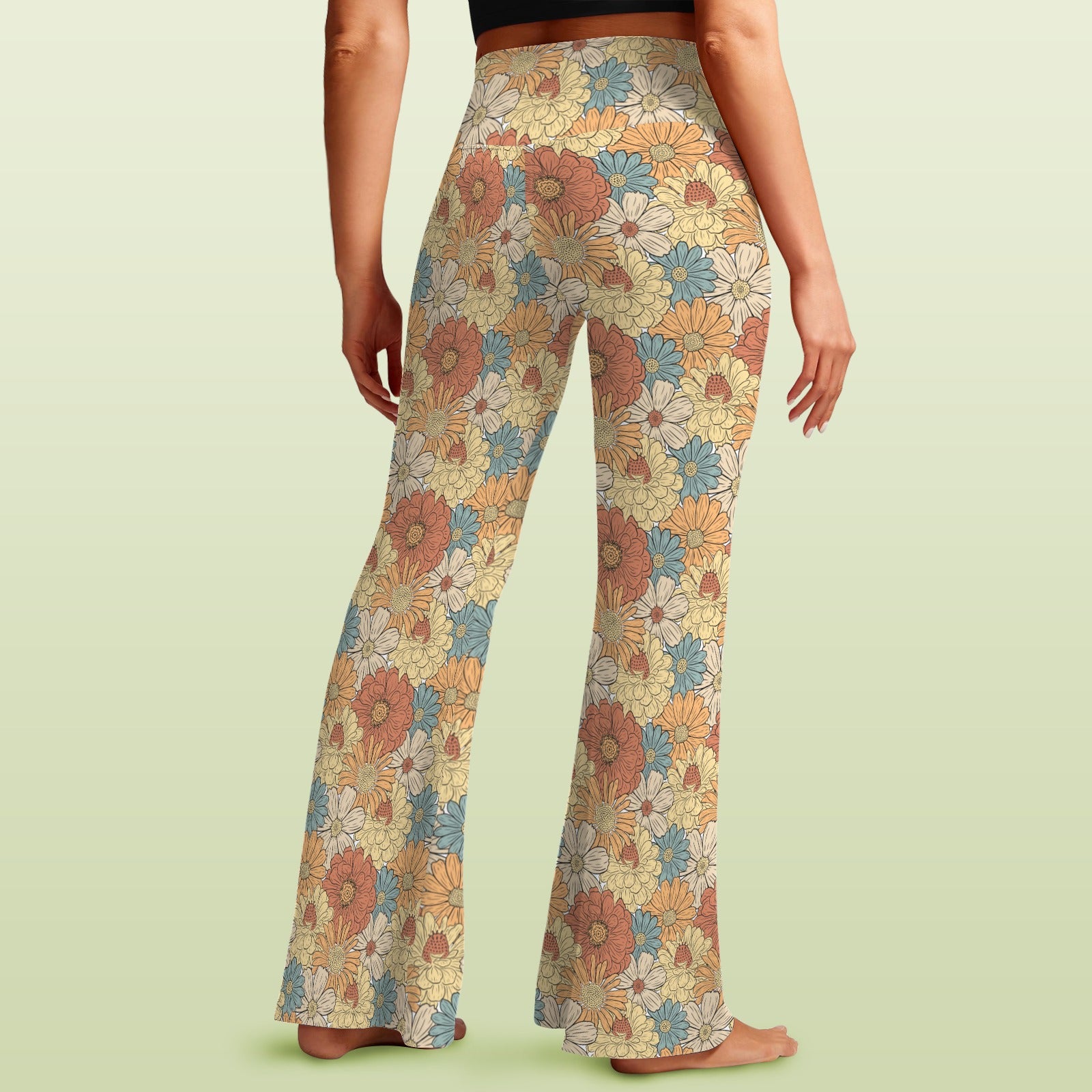 Vintage Retro Floral High Waist Crossover Tummy Control Flare Leggings High Waist Flare Leggings Plants Printed Offshore Retro