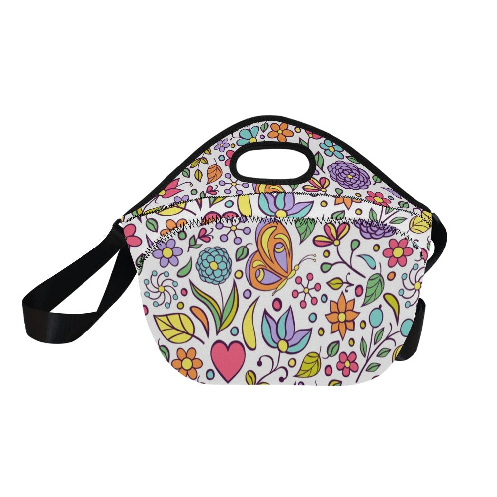 Hippie Butterfly And Flowers Neoprene Lunch Bag/Large (Model 1669) Neoprene Lunch Bag Plants Printed Offshore