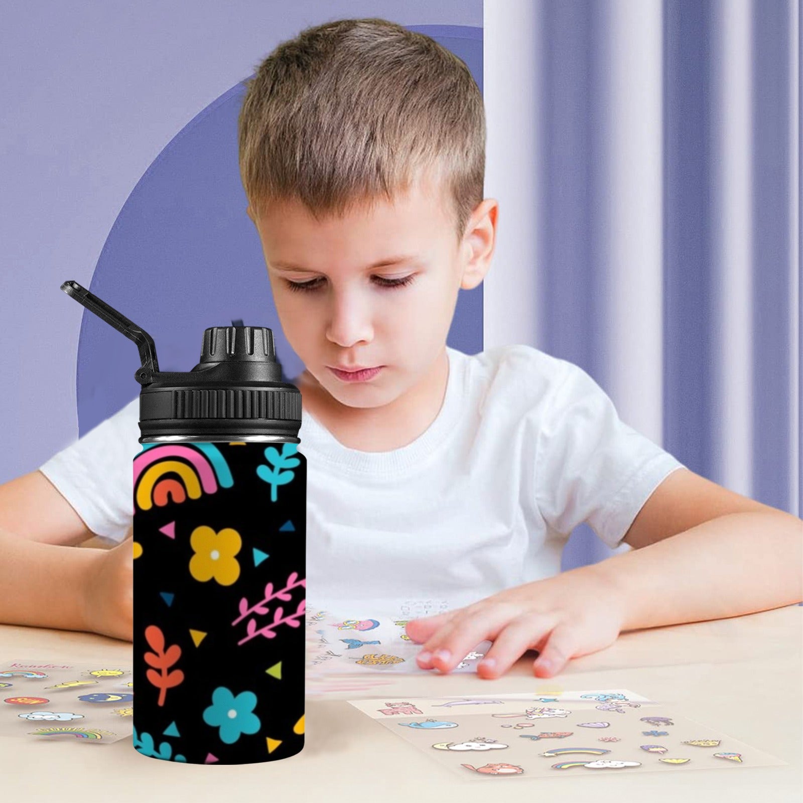 Rainbows And Flowers - Kids Water Bottle with Chug Lid (12 oz)
