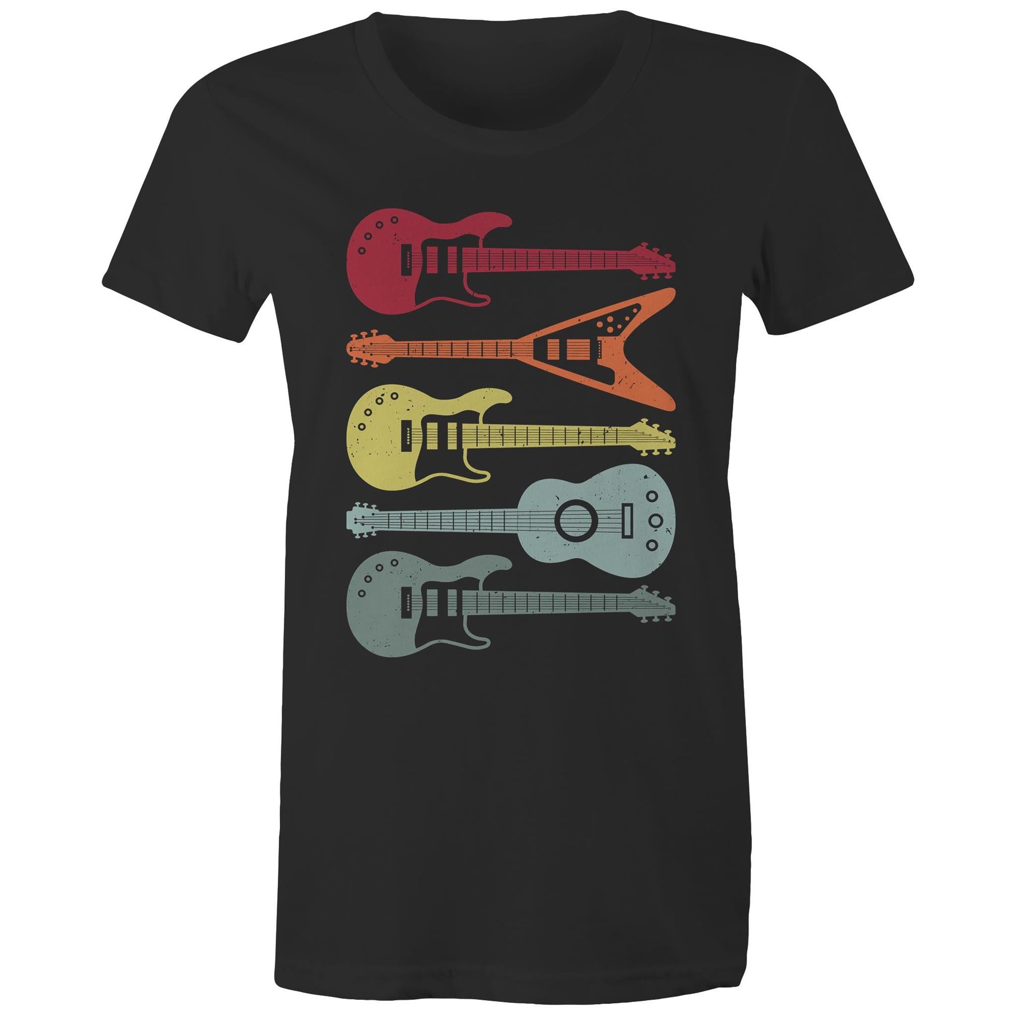 Retro Guitars - Womens T-shirt Black Womens T-shirt Music Printed In Australia