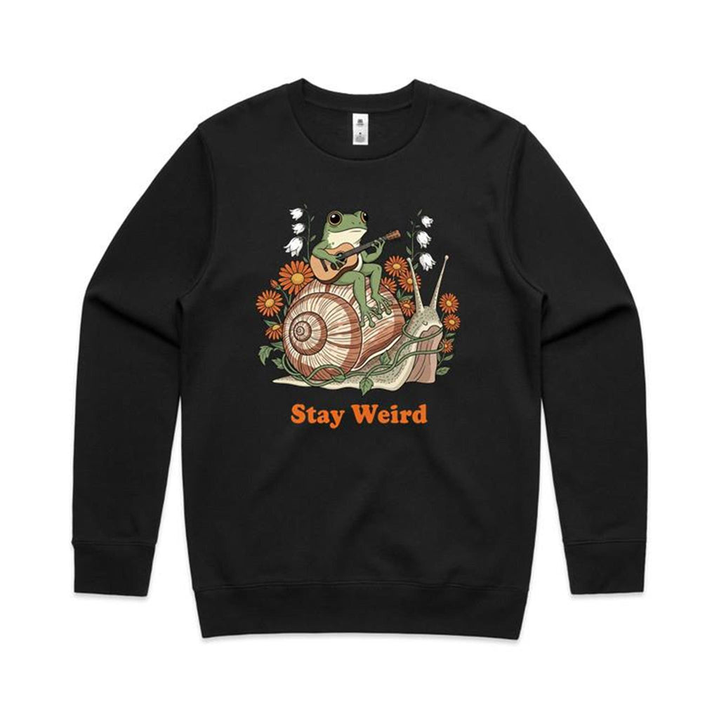 Stay Weird, Guitar Playing Frog On A Snail AS Colour Stencil Crew Sweatshirt Unisex Black Sweatshirt animal Music Printed In Australia