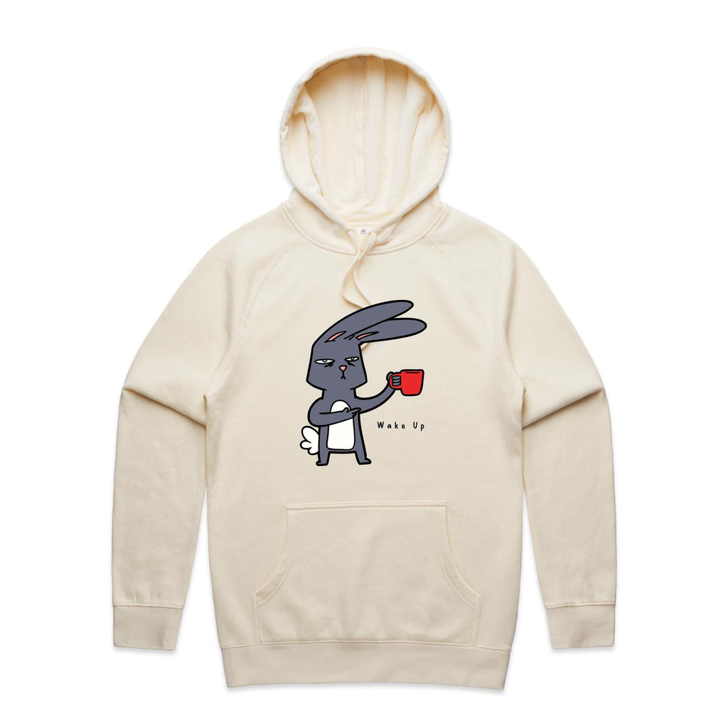 Wake Up, Coffee Rabbit - Mens Hoodie Ecru Mens Hoodie animal Coffee Printed In Australia