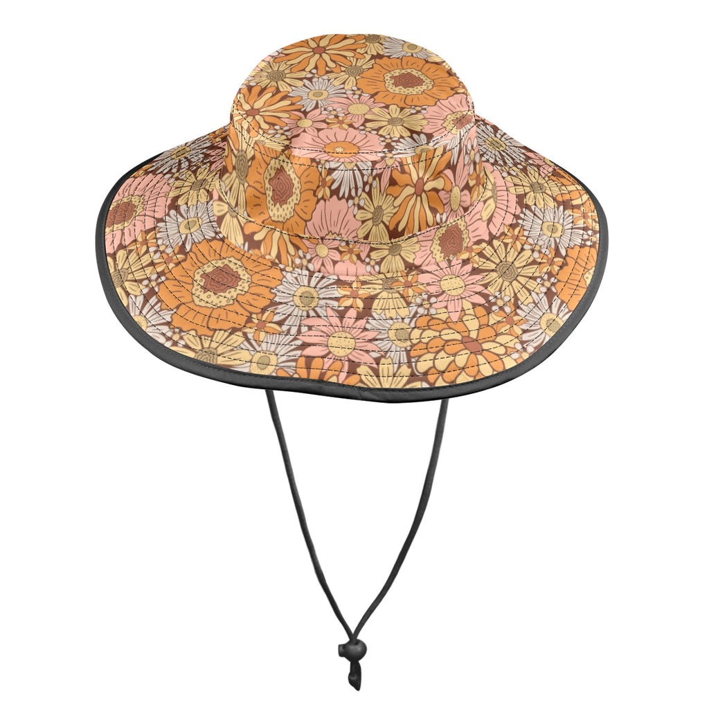 Orange Retro Floral Wide Brim Bucket Hat Wide Brim Bucket Hat Plants Printed Offshore