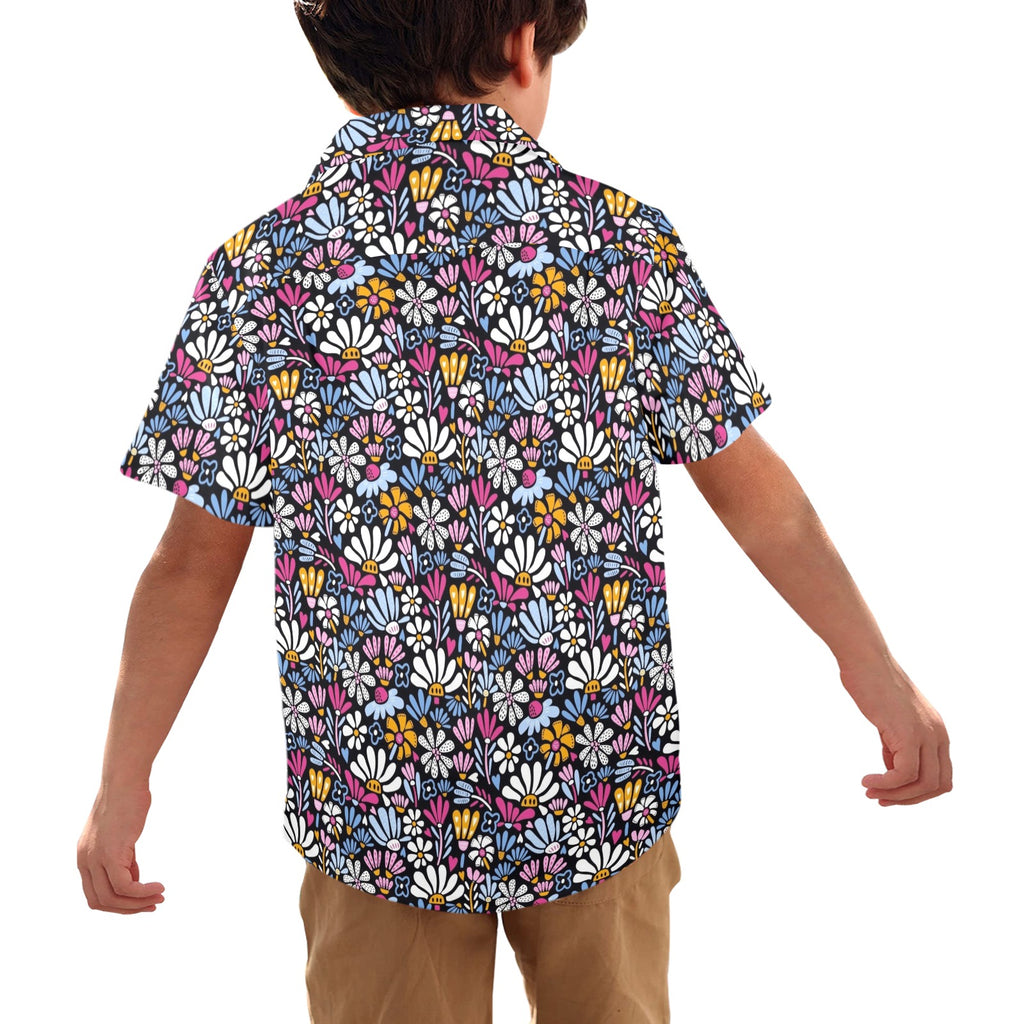 Graphic Flowers On Black Junior Kids Hawaiian Shirt