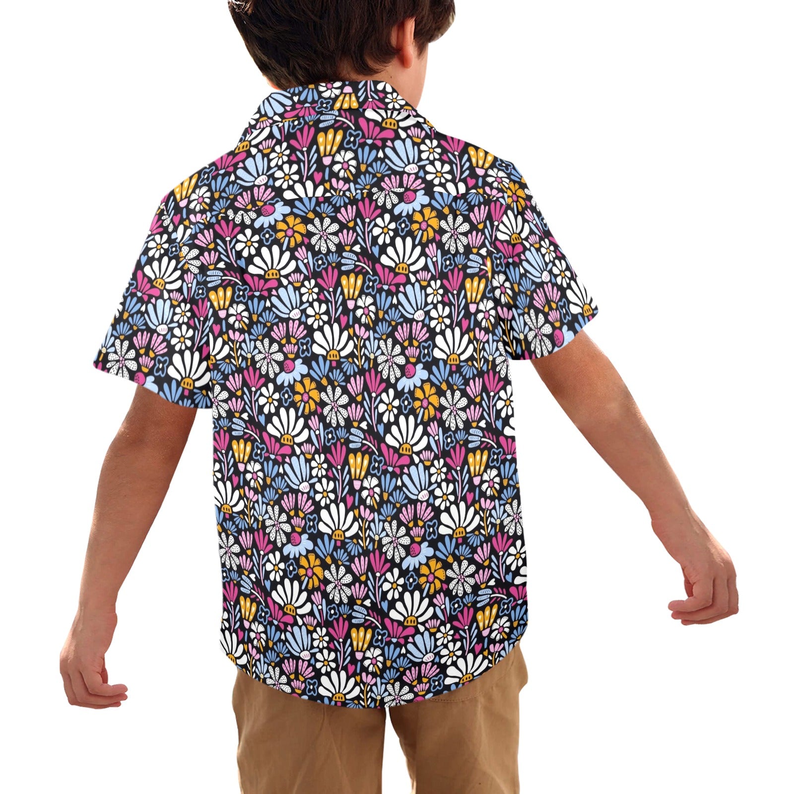 Graphic Flowers On Black Junior Kids Hawaiian Shirt