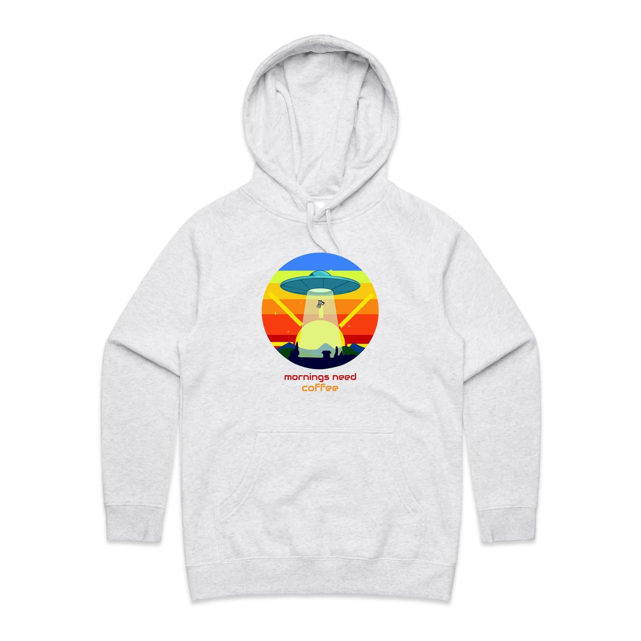 Mornings Need Coffee - Womens Hoodie White Marle Womens Hoodie Coffee Printed In Australia