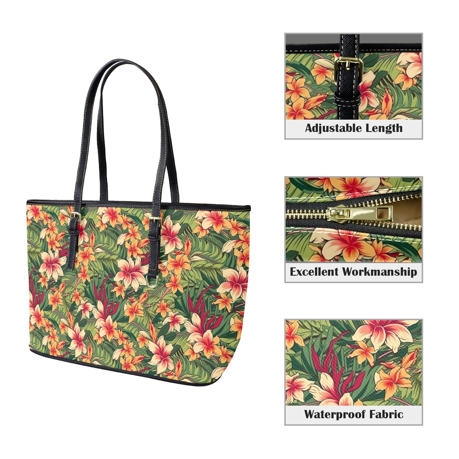 Vintage Hawaiian Floral - PU Leather Tote Bag - Large