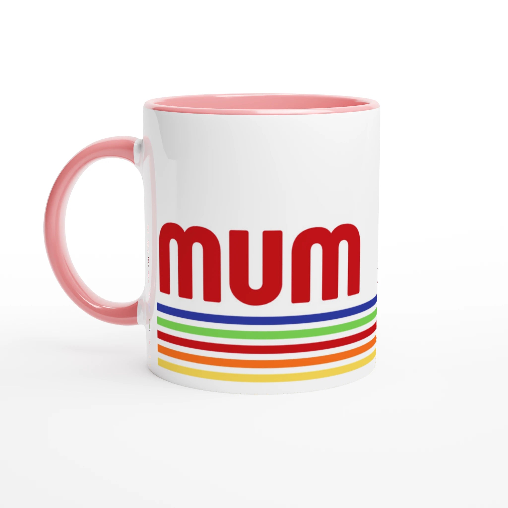 Mum Mug With Retro Stripes - White 11oz Ceramic Mug with Colour Inside Ceramic Pink Colour 11oz Mug Globally Fulfilled Mum