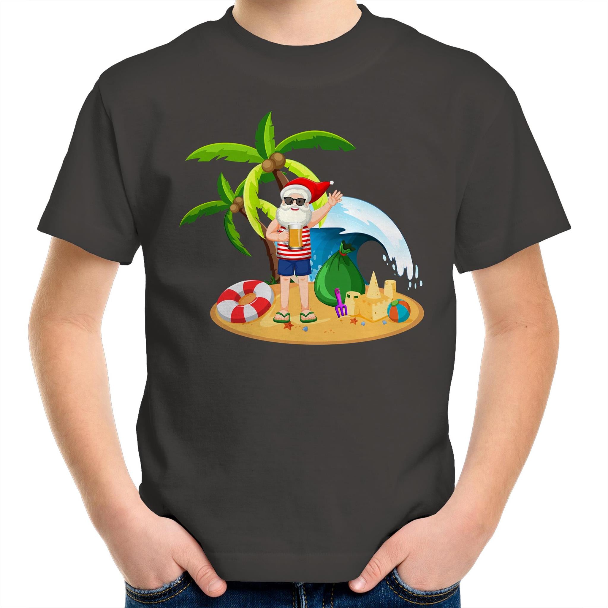 Summer Surf Santa - Kids Youth T-Shirt Charcoal Kids Christmas T-shirt Christmas Printed In Australia