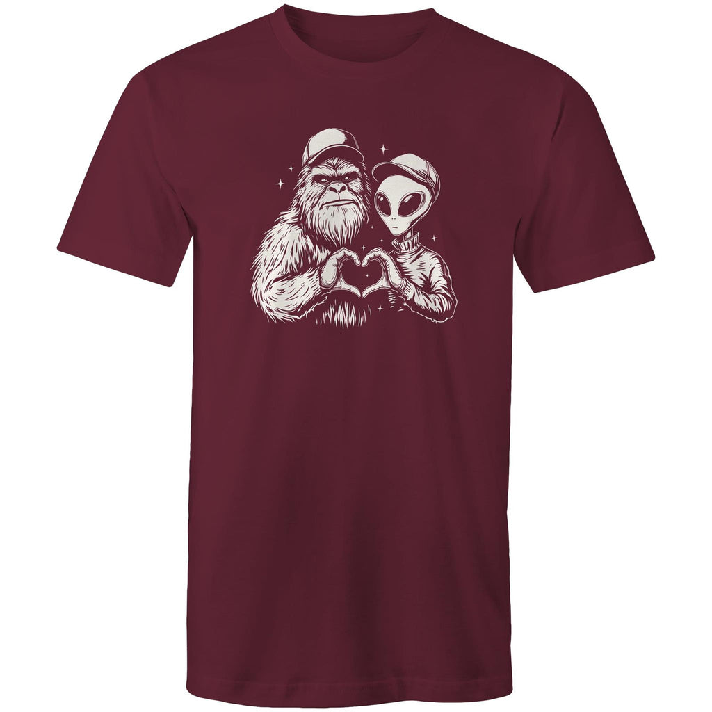 Alien Bigfoot Heart Hands - Mens T-Shirt Burgundy Mens T-shirt Love Printed In Australia Sci Fi