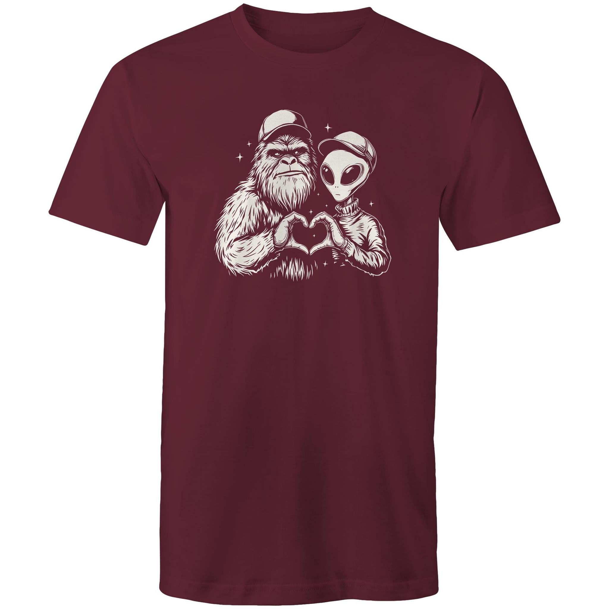 Alien Bigfoot Heart Hands - Mens T-Shirt Burgundy Mens T-shirt Love Printed In Australia Sci Fi