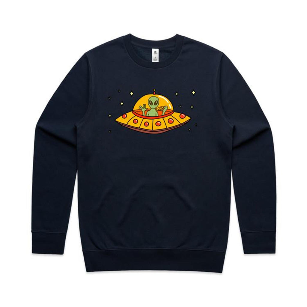 Alien Pizza - AS Colour Stencil Crew Navy Sweatshirt Food Printed In Australia Sci Fi